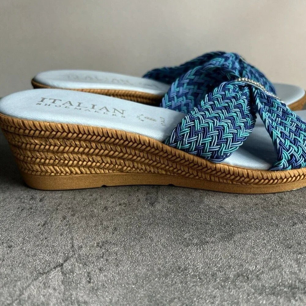 Italian Shoemakers Mixed Blue Rhinestone Sparkle Thong Wedge Sandals Size 9.5 M - Picture 7 of 16